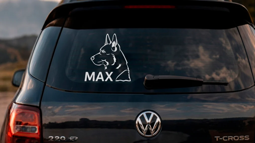 Pegatina personalizada con nombre y silueta de perro en la luneta trasera de un coche