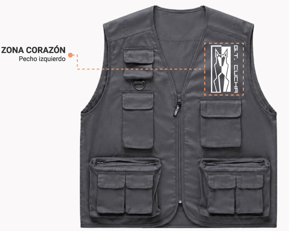 Chaleco de trabajo gris para guía canino con bolsillos frontales y zonas personalizables